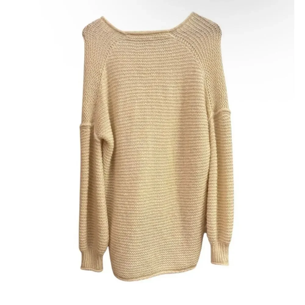 Free People Alpaca Oversized Chunky Knit Sweater Cream V Neck Hi Low Pullover XS
